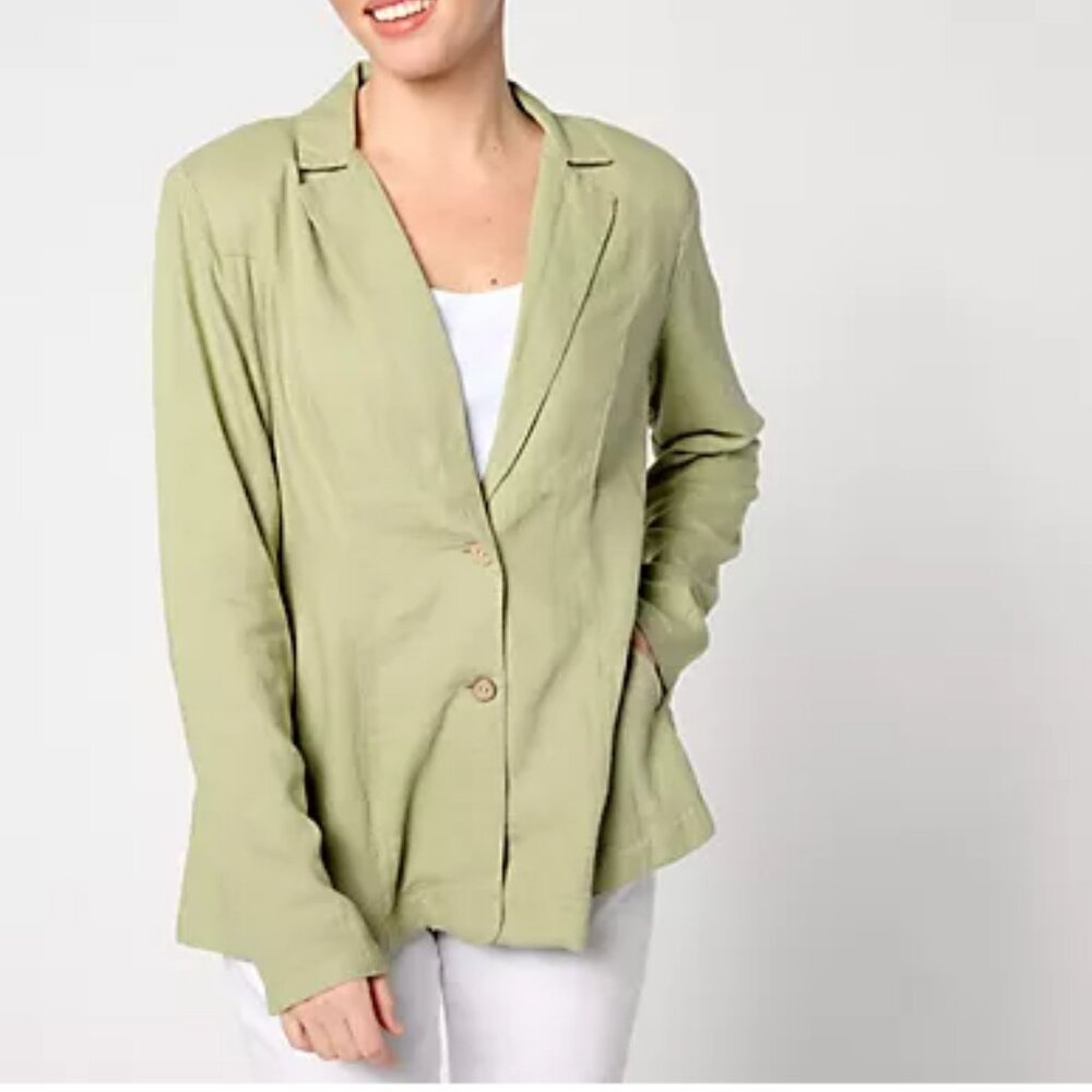 NEW Denim & Co. Naturals Linen Blend Blazer Sage Green Lightweight Jacket XS S